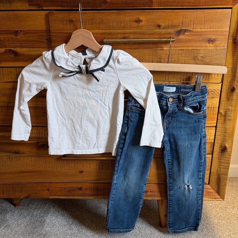 Janie & Jack Girls White Long Sleeve Top and Blue Jeans Set